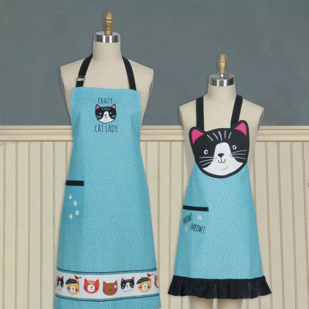 Kay Dee Crazy Cat Blue Cotton Chef and Child Apron Set - Matching Mother and Daughter Set