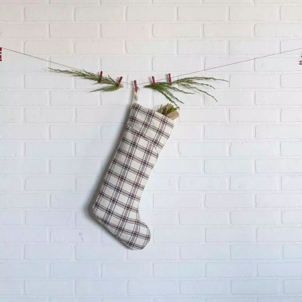 VHC Brands Amory 20 in. Cotton Plaid Christmas Stocking - Ivory, Brick Red, and Black Farmhouse Decor