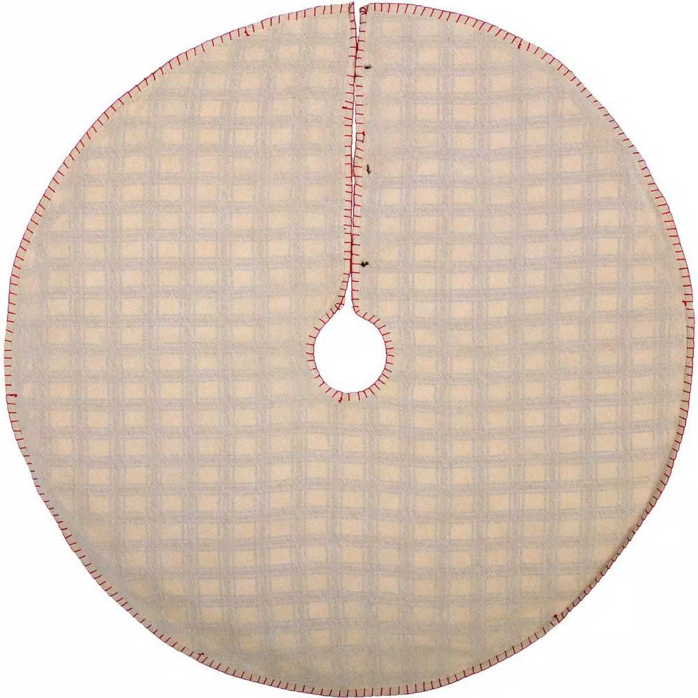 VHC Brands 48 in. Amory Ivory White and Brick Red Plaid Farmhouse Christmas Tree Skirt