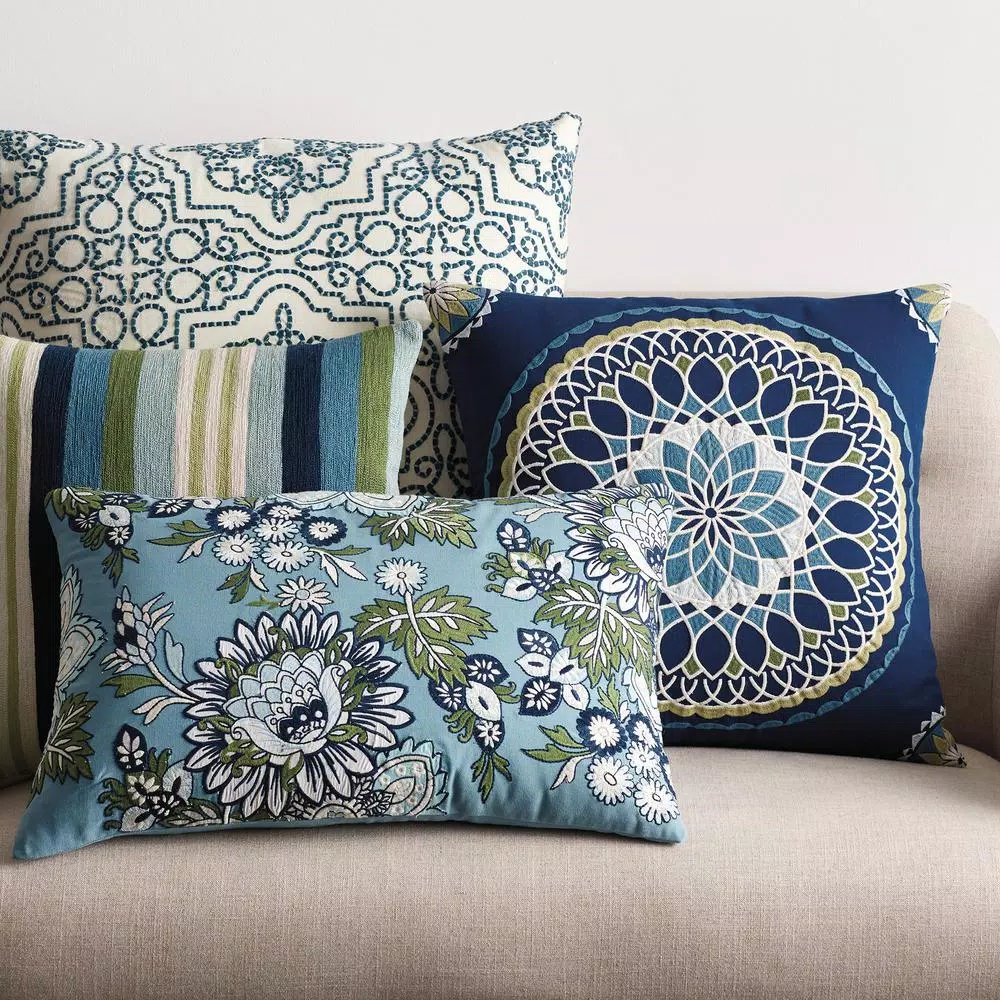 The Company Store Embroidered Blue Floral Jacobean Crewel Cotton Throw Pillow Cover, 16 x 24 in.