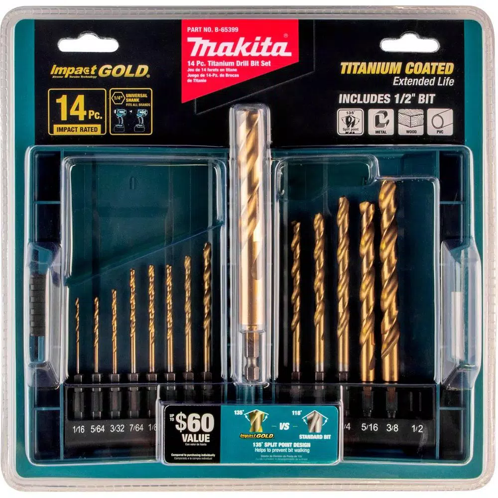 Makita Impact GOLD 14-Piece Titanium Nitride Coated Hex Shank Drill Bit Set