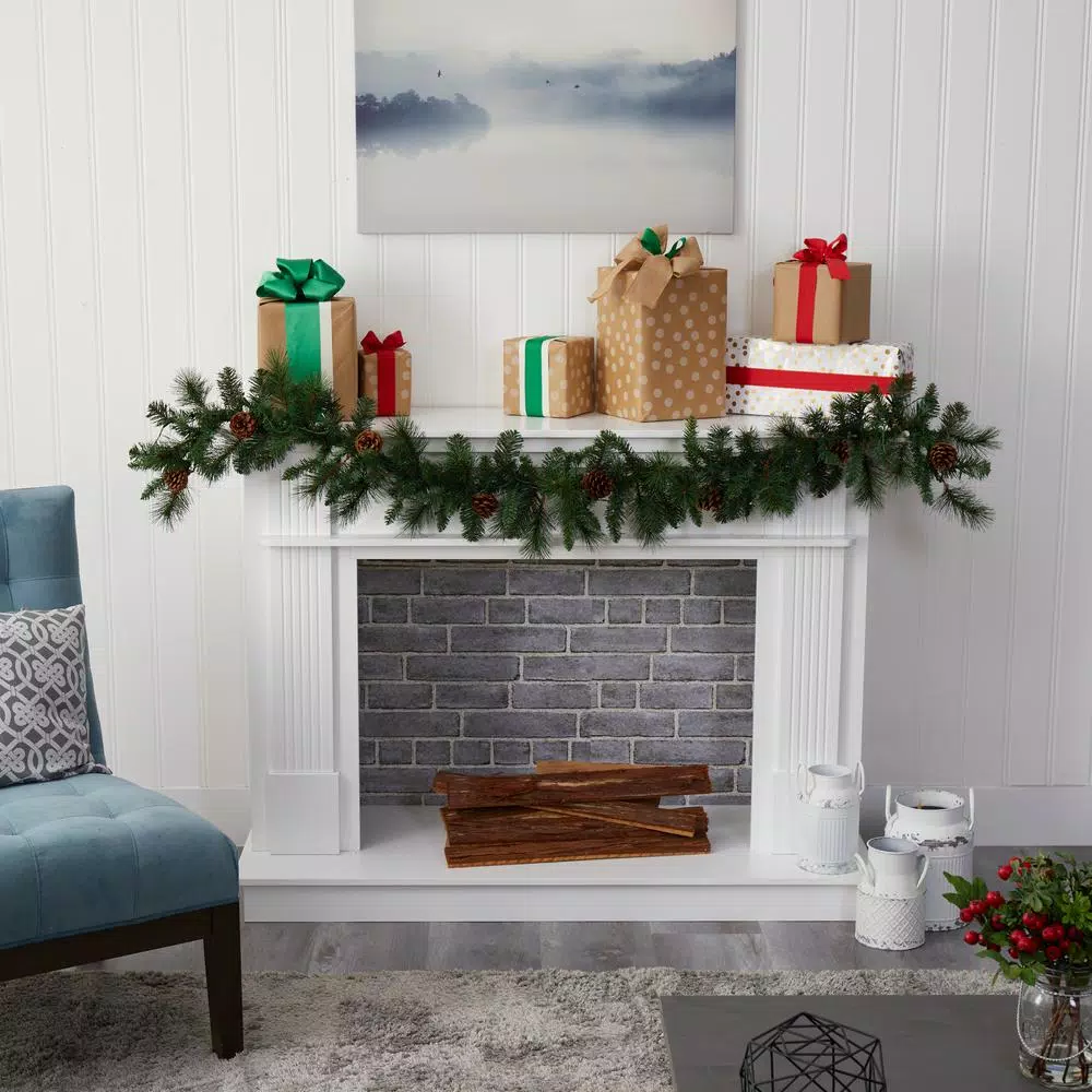 Nearly Natural 6 ft. Pre-lit Artificial Mixed Pine and Pinecone Garland with 35 Clear LED Lights
