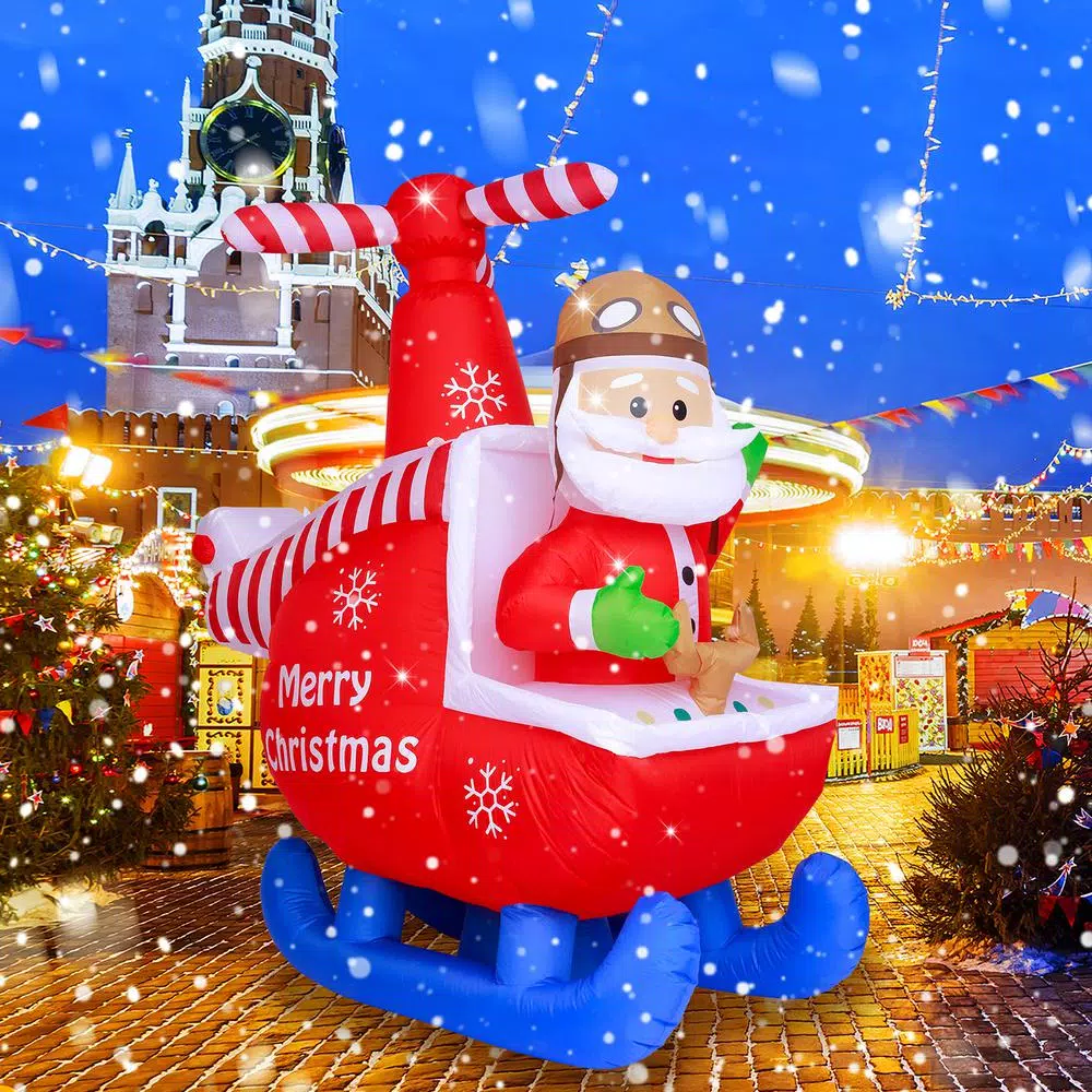 JOYDECOR 6 ft. Santa Claus on Helicopter Christmas Inflatable with Built-in LED Lights