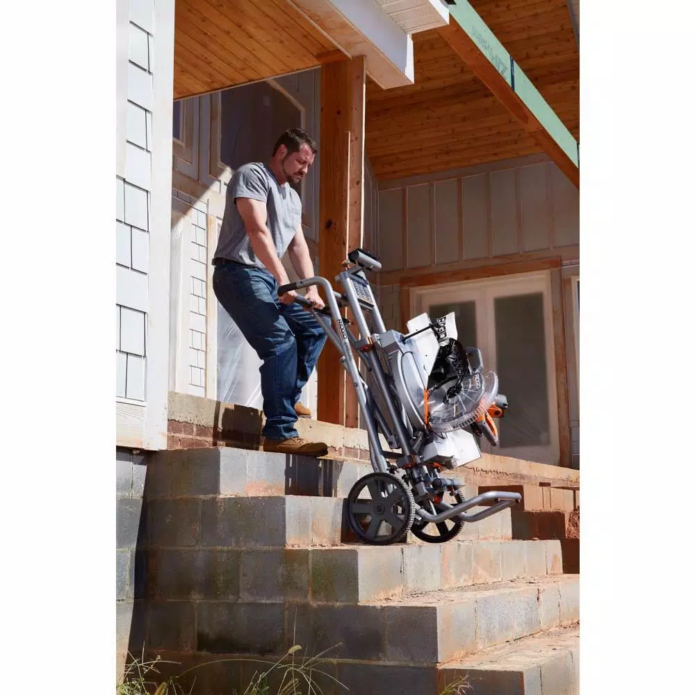 RIDGID 12 in. 15 Amp Dual Bevel Corded Miter Saw with LED and Universal Mobile Stand Kit