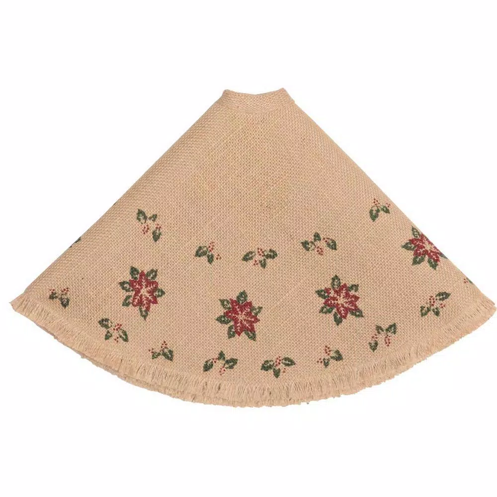 VHC Brands 21 in. Jute Burlap Poinsettia Tree Skirt - Natural Tan Holiday Decor