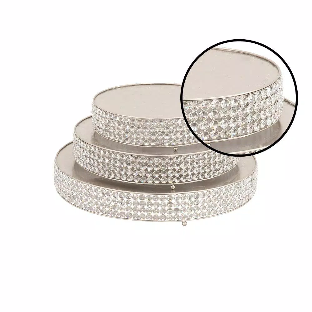 LITTON LANE Silver Iron Round Cake Stands with Crystal Bead Edge Detailing and Ball Feet, Set of 3