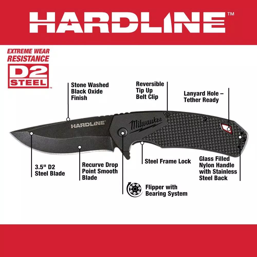 Milwaukee Hardline 3.5 in. D2 Steel Smooth Blade Folding Pocket Knife