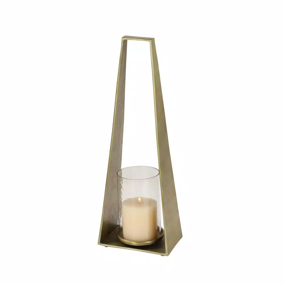 LITTON LANE Large Gold Metal Candle Lantern with Textured Hurricane Glass, 23.5 in