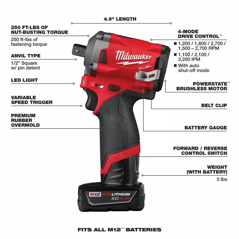 Milwaukee M12 FUEL 1/2 in. Stubby Brushless Cordless Impact Wrench Kit with 2 Batteries and Bag