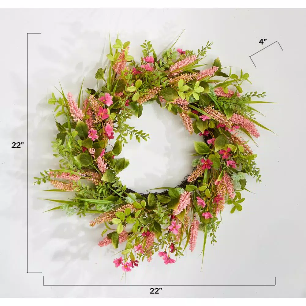 Unbranded 22 in. Pink Heather Silk Flower and Greenery Wreath with Twig Base