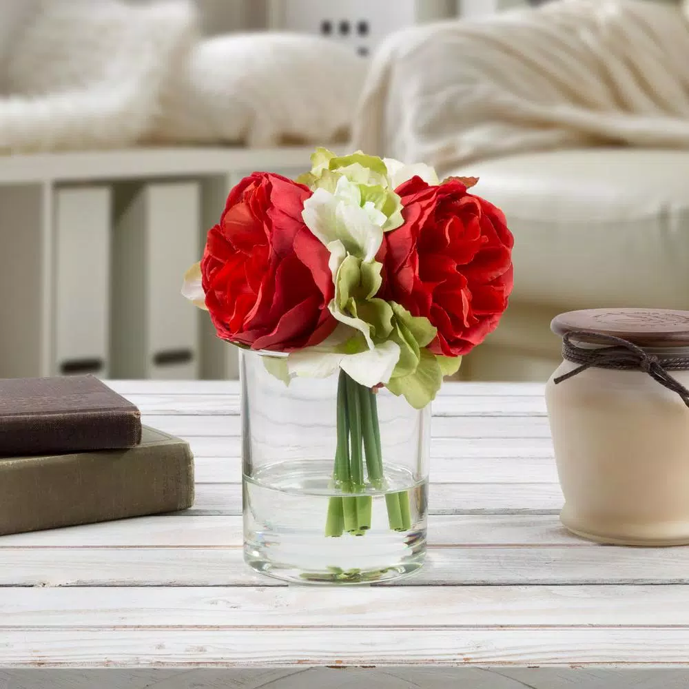 Pure Garden 6.5 in. Red Hydrangea and Rose Artificial Floral Arrangement in Glass Vase