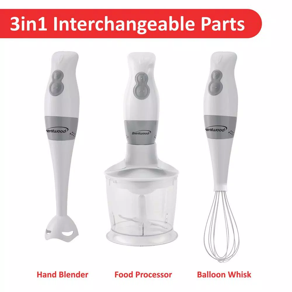 Brentwood Appliances 2-Speed White Handheld Immersion Mixer and Food Processor with Balloon Whisk
