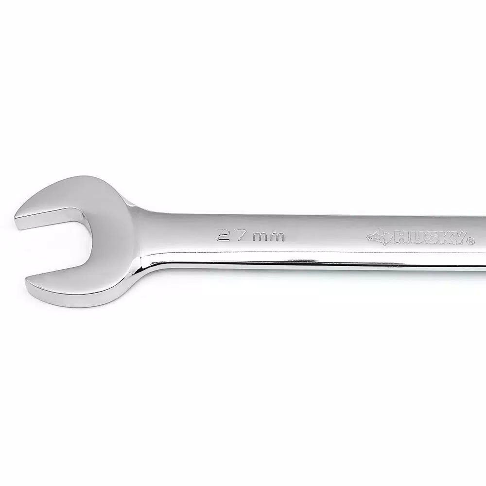 Husky 27 mm 12-Point Ratcheting Combination Wrench, 72-Tooth, Chrome Alloy Steel