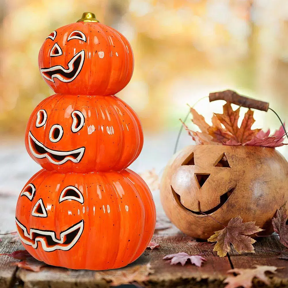 Costway 11 in. Orange Ceramic LED Halloween Pumpkin Lantern, Battery Powered Tabletop Decor