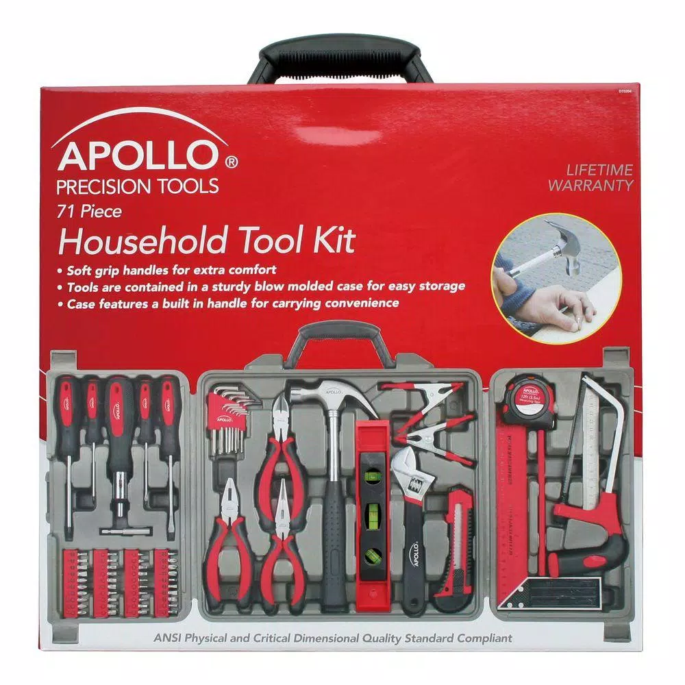 Apollo 71-Piece Home Tool Kit with Hammer, Pliers, Screwdrivers, and Tape Measure