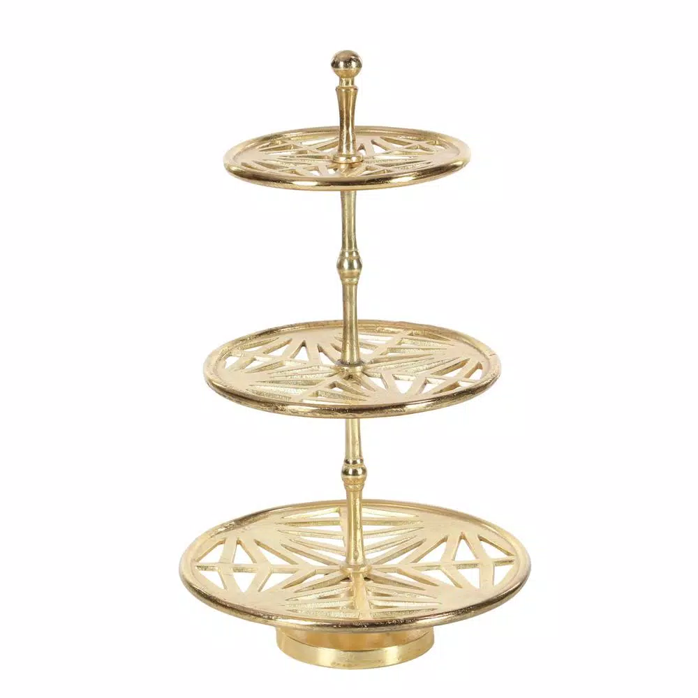 LITTON LANE Modern Reflections 3-Tier Gold Aluminum Tray Stand with Geometric Cut-Outs, 12 x 21 in.
