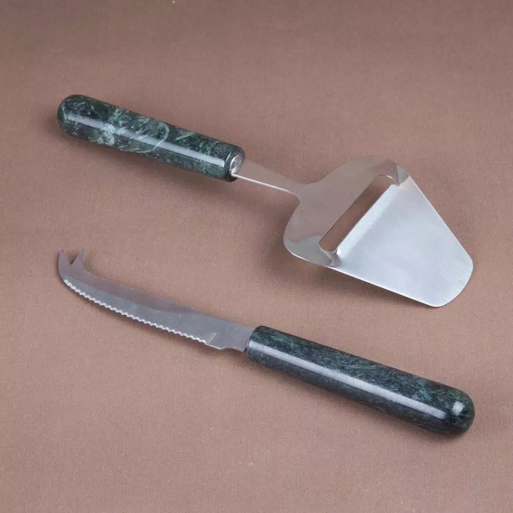 Creative Home Stainless Steel Cheese Cutter and Knife Set with Natural Green Marble Handles (2-Piece)