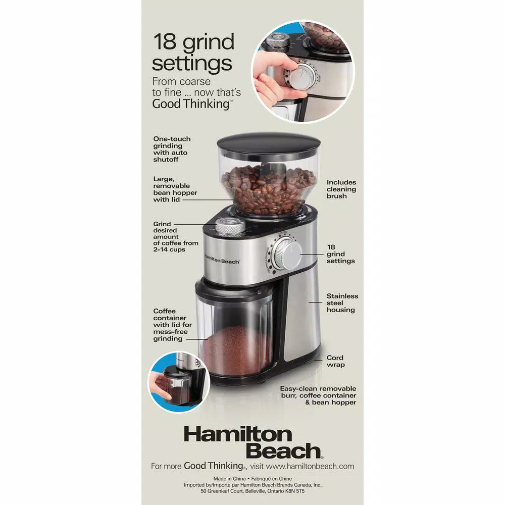 Hamilton Beach 16 oz Stainless Steel Burr Coffee Grinder with 18 Grind Settings