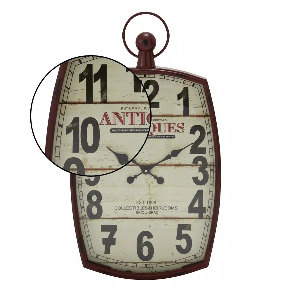 LITTON LANE 33 in. x 19 in. Antique Reproduction Style Wall Clock - Rustic Distressed Red & White
