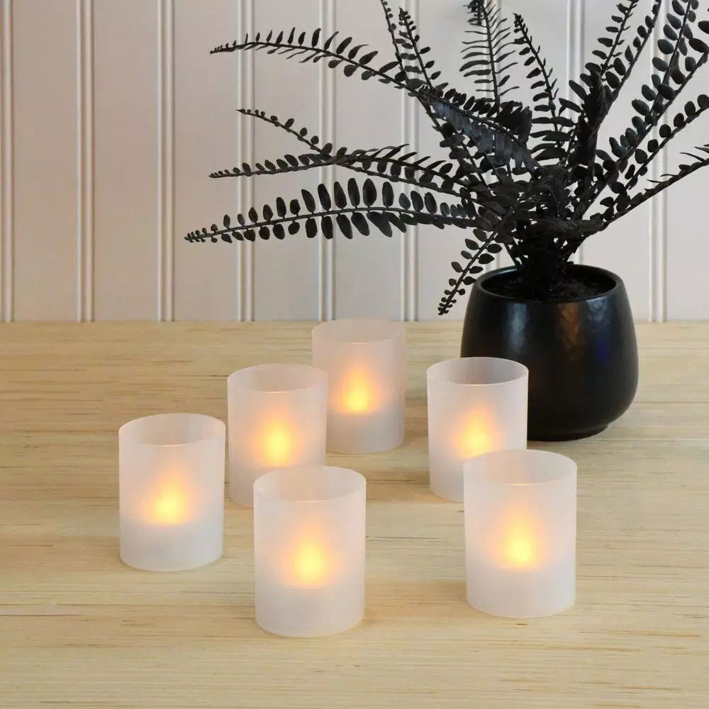 LUMABASE Flameless Votive LED Candles with Amber Frosted Plastic Holders, 6 Count