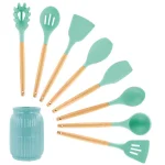 MegaChef 9-Piece Mint Green Silicone and Wood Kitchen Utensil Set with Ceramic Holder thumbnail 1