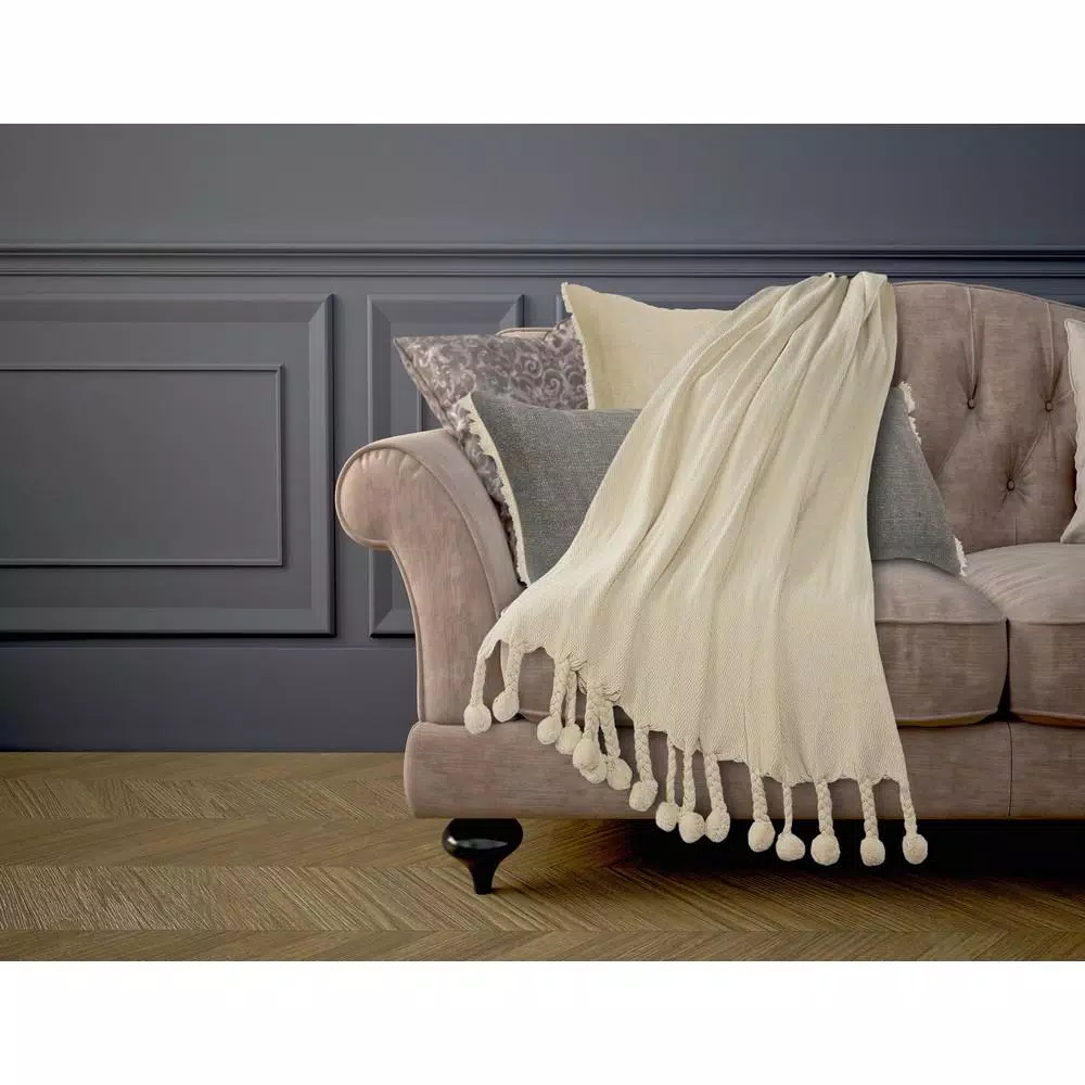 LR Home Cream Cotton Chevron & Herringbone Embroidered Braided Throw Blanket