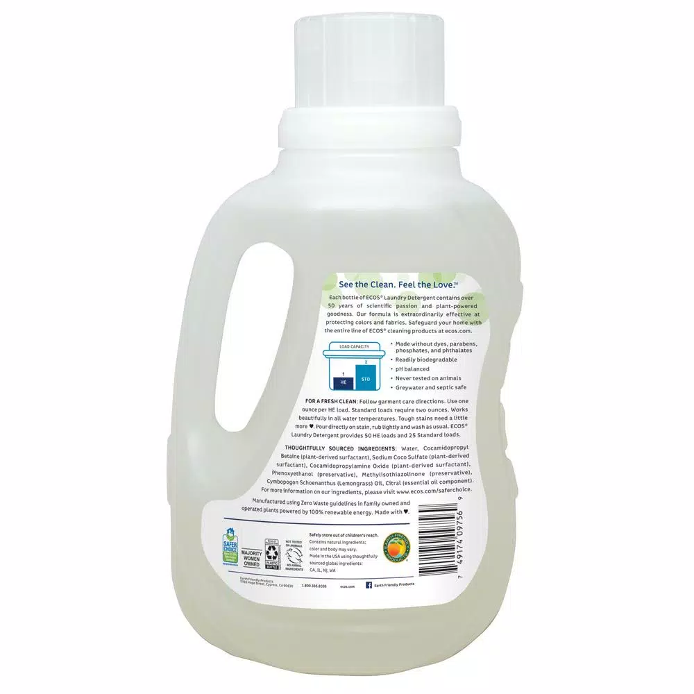 ECOS 2X Ultra Concentrated Liquid Laundry Detergent, Lemongrass Scent, 50 oz.