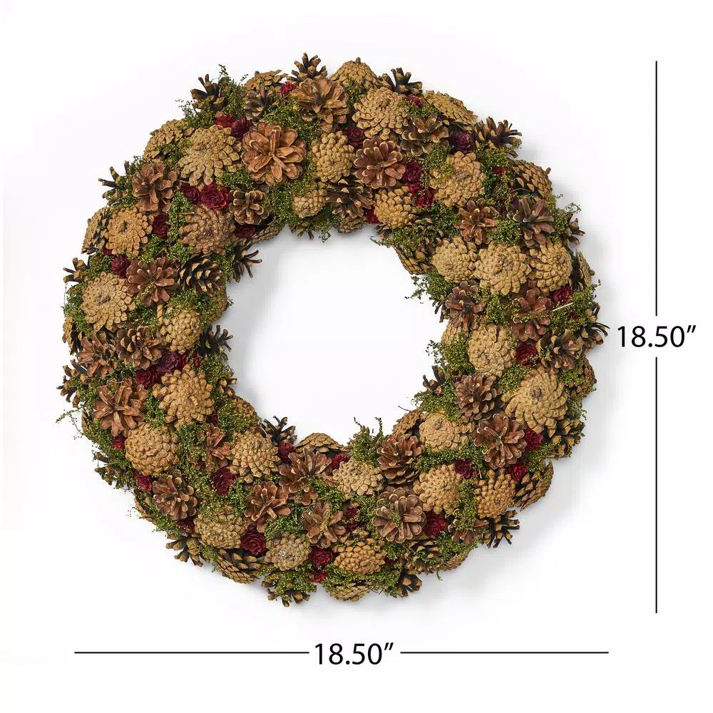 Noble House 18.5 in. Natural Brown Artificial Christmas Wreath with Pine Cones and Green Moss Accents