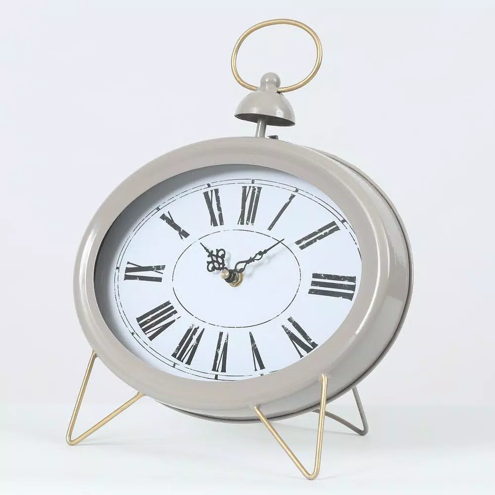 Winsome House Gray Oval Decorative Table Clock - Shabby Chic Analog Desk Clock with Roman Numerals