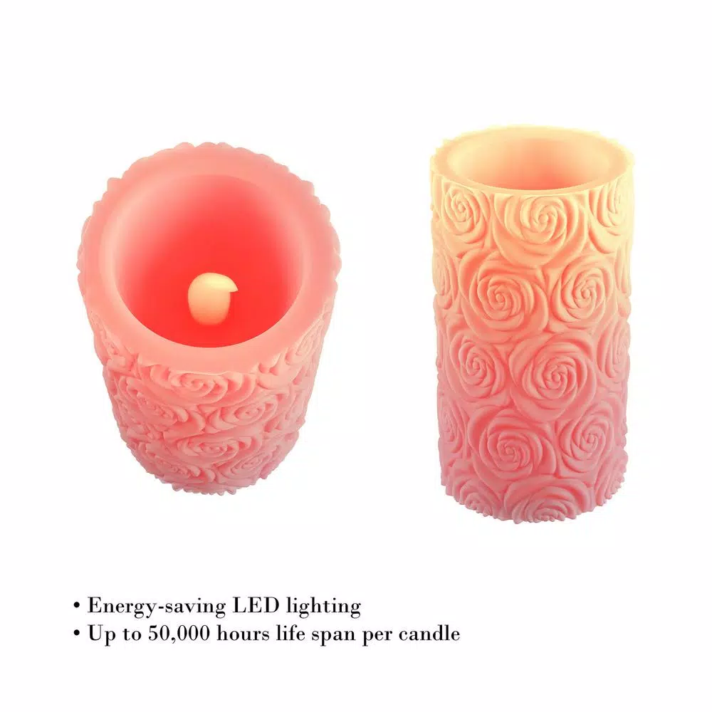 Lavish Home Rose Embossed LED Flameless Candle with Remote Control, Pink Real Wax
