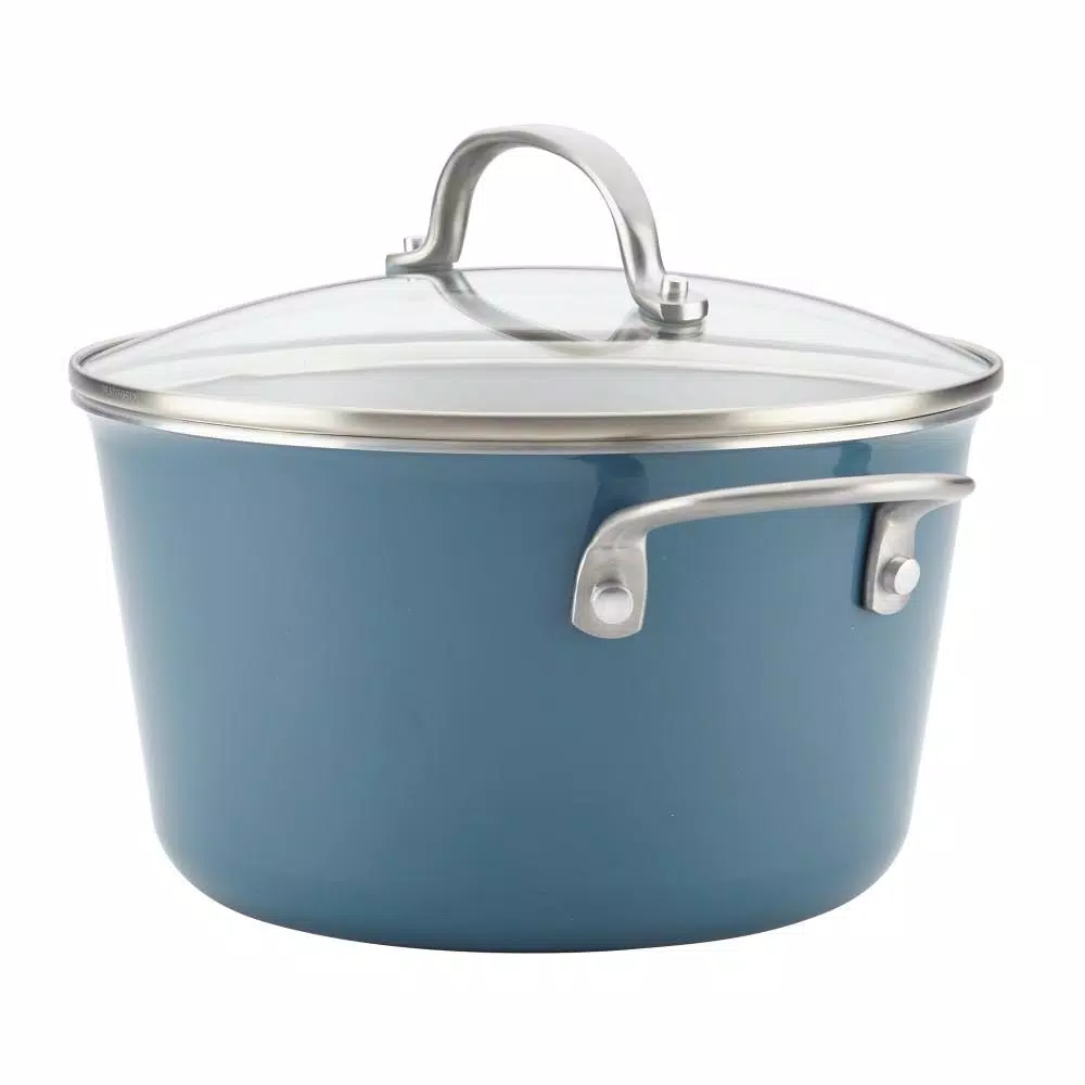 Ayesha Curry Home Collection 4.5 Qt. Twilight Teal Porcelain Enamel Nonstick Saucepot with Lid
