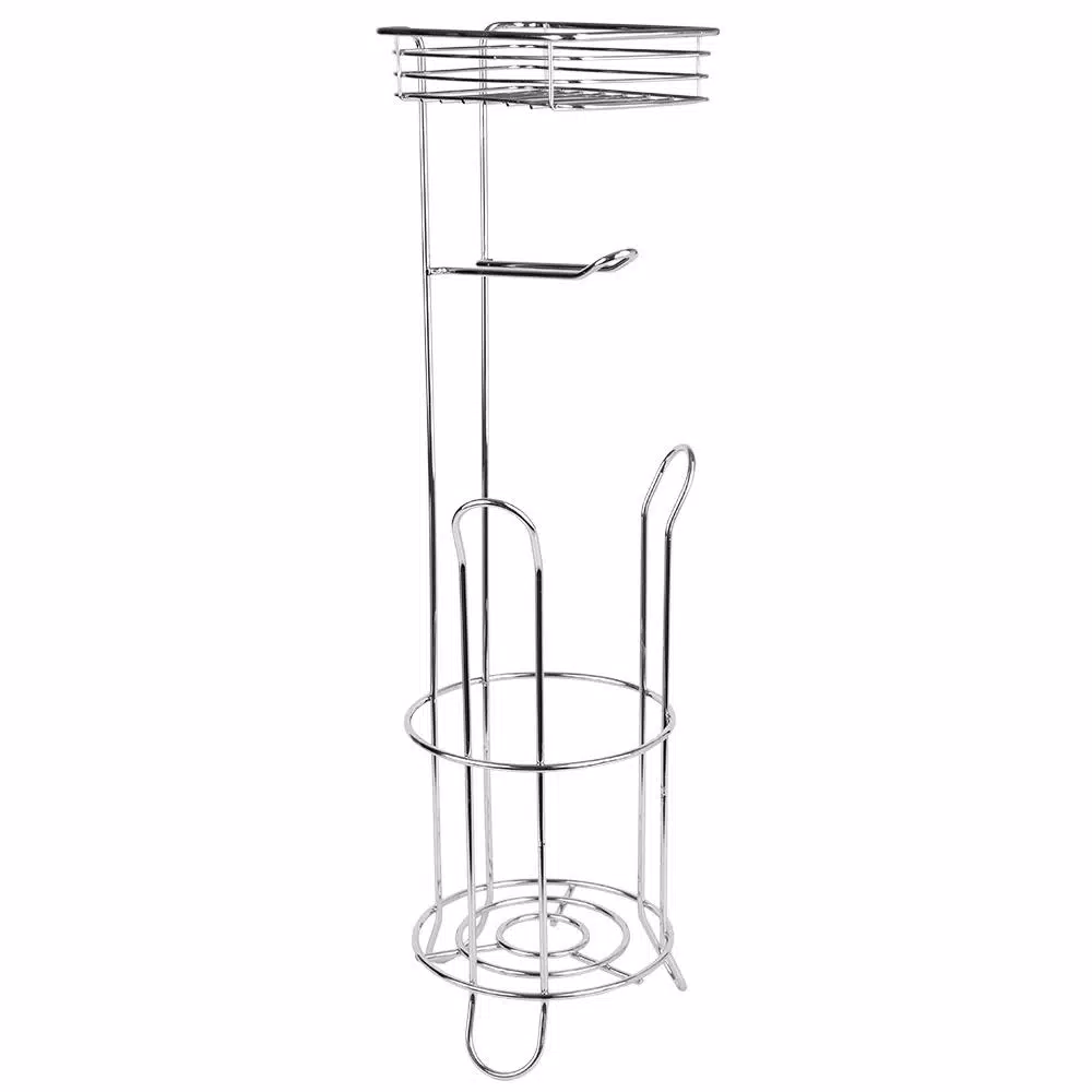 Home Basics Chrome Free-Standing Toilet Paper Holder with Built-In Accessory Tray and Storage Base