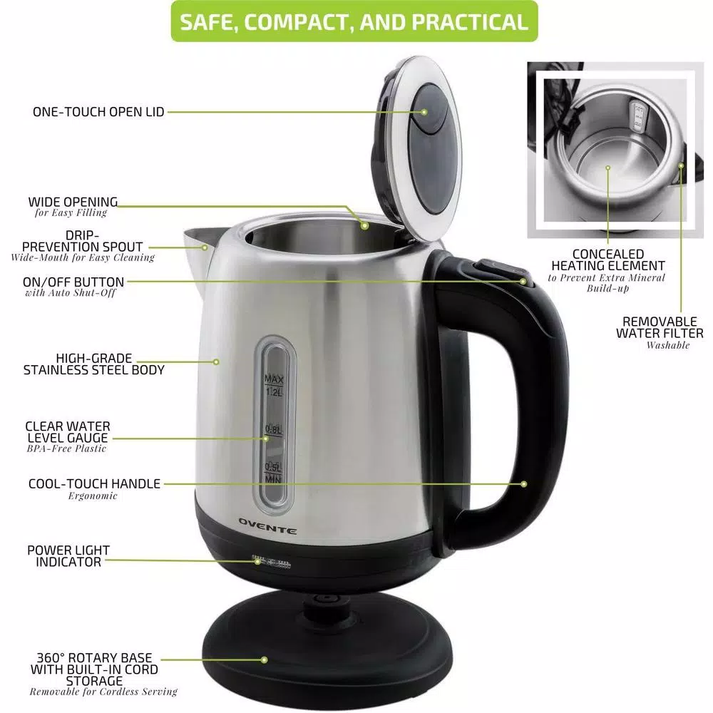 Ovente 1.2L Stainless Steel Electric Kettle, 1100W BPA-Free Rapid Boil Kettle with Auto Shut-Off