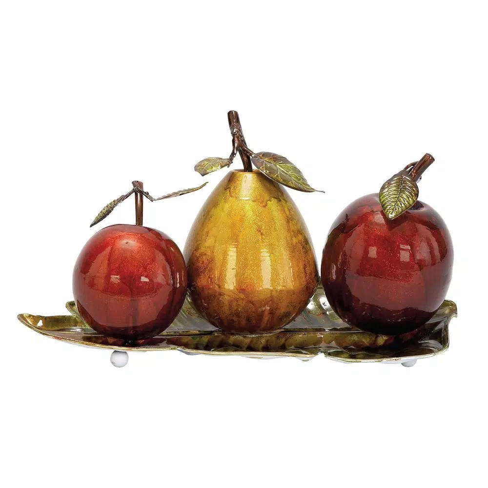 LITTON LANE Elegant Metal Fruit Sculpture Set - Golden Pear and Red Apples on Leaf Tray Base