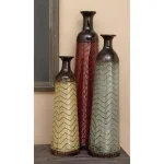 LITTON LANE Chevron Set of 3 Metal Decorative Floor Vases - Rustic Tin in Red, Brown, and Green thumbnail 5