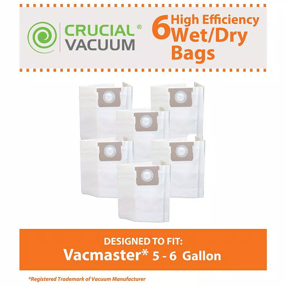 Think Crucial Crucial Vacuum 6-Pack Replacement Bags for Vacmaster 5-6 Gallon Wet/Dry Vacuums, Compatible with Part # VDBS