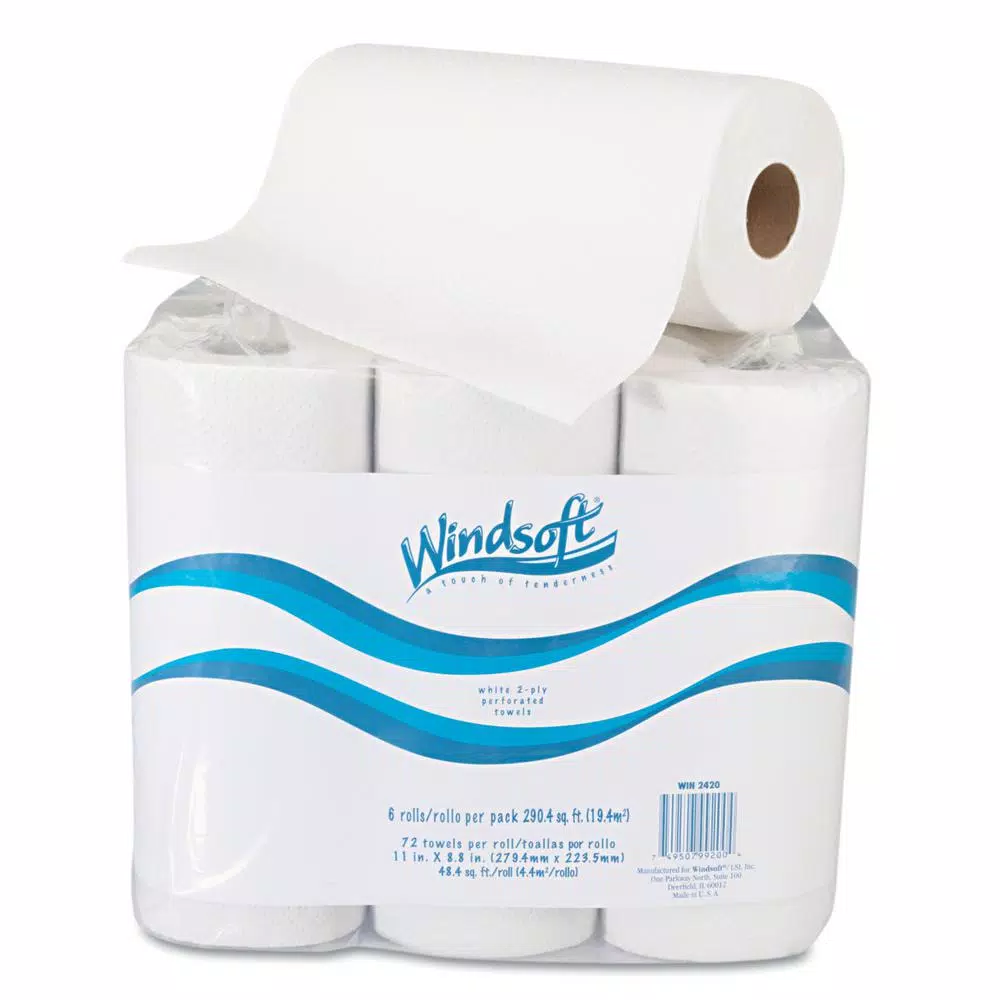 Windsoft White 2-Ply Kitchen Roll Towels, 11 x 8.9 in, 72 Sheets per Roll, 6 Rolls per Pack