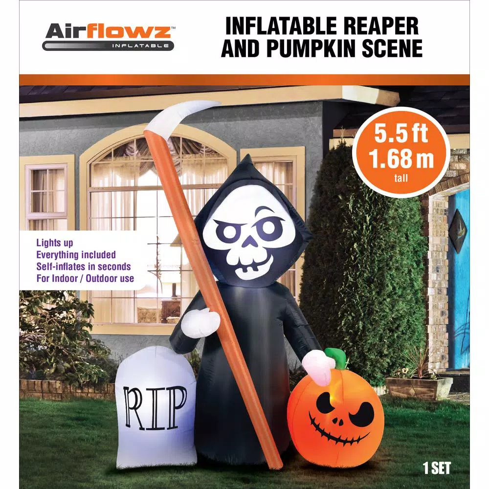 Unbranded 5.5-ft. Inflatable Reaper and Pumpkin Halloween Scene with Tombstone