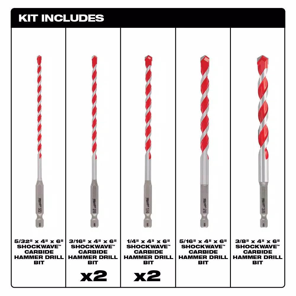 Milwaukee SHOCKWAVE Carbide Hammer Drill Bit Set, 7-Piece Hex Shank Kit