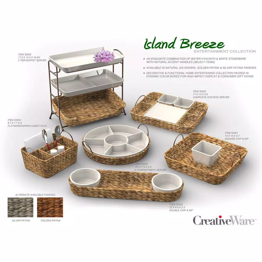 Unbranded CreativeWare Island Breeze 6-Compartment Ceramic Stoneware Server with Water Hyacinth Basket