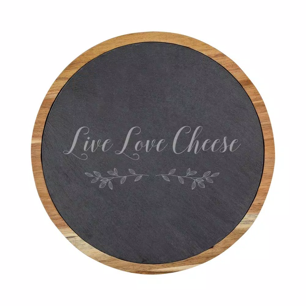 Cathy's Concepts Live Love Cheese 5-Piece Acacia Wood and Natural Slate Cheese Board Set with Utensils