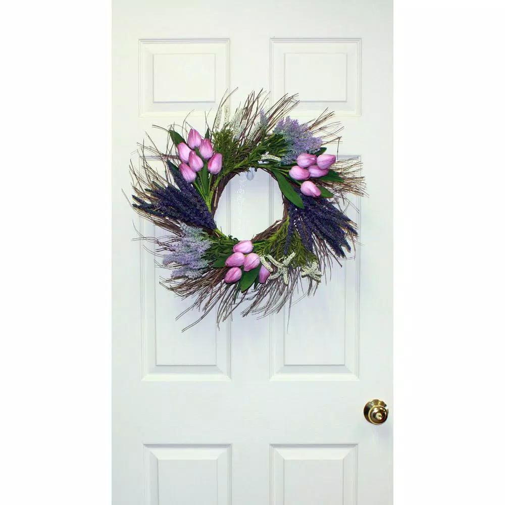 Worth Imports 22 in. Purple Tulip and Lavender Silk Flower Wreath on Natural Twig Base