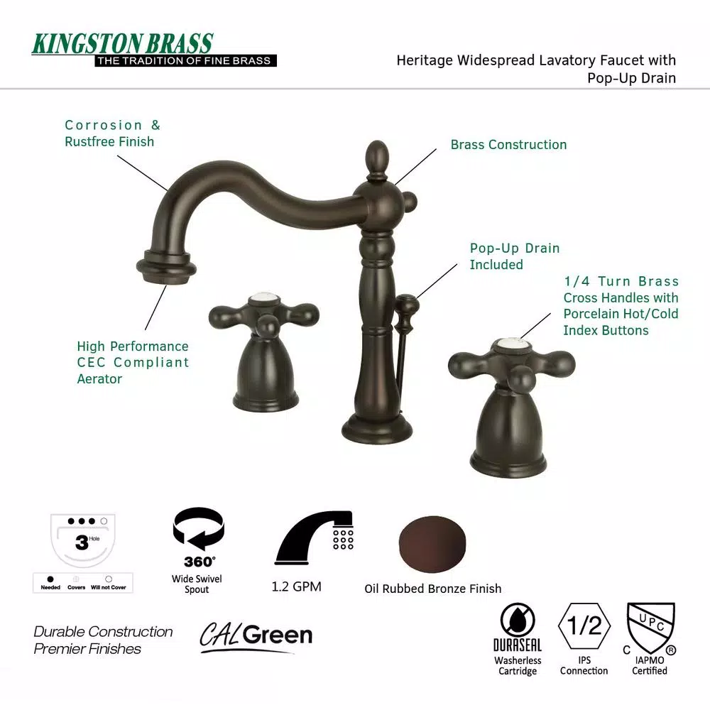 Kingston Brass Victorian 8 in. Widespread 2-Handle Bathroom Faucet, High Arc Spout, Oil Rubbed Bronze