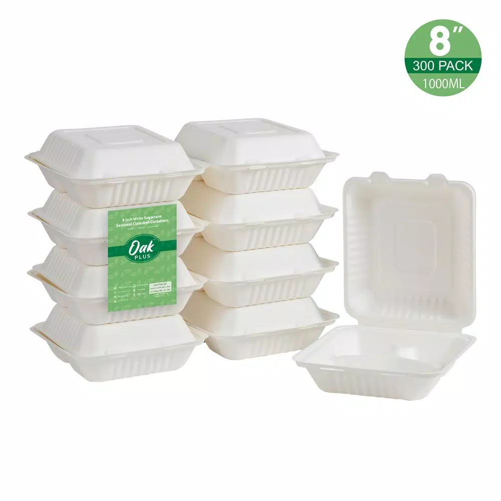 Unbranded 8 in. White Sugarcane 3-Compartment Sectional Clamshell Containers, 300 Pack