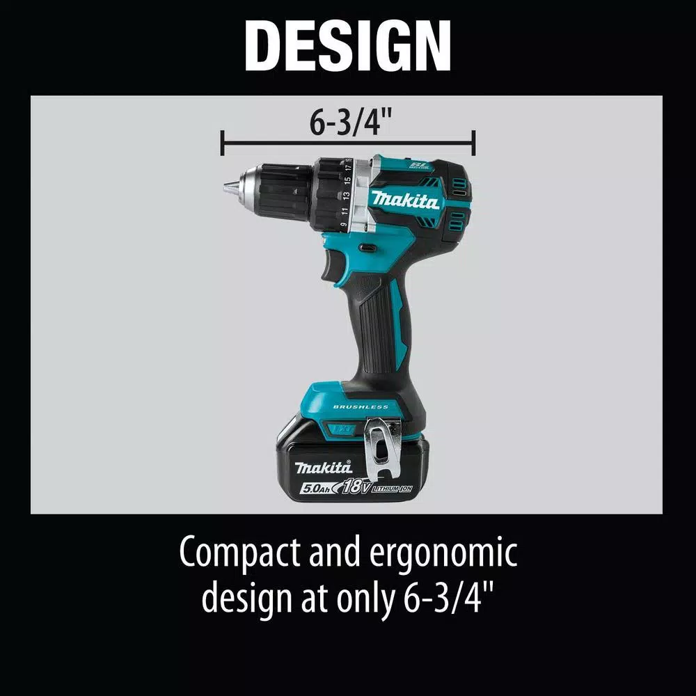 Makita 18V LXT Brushless 1/2 in. Driver-Drill Kit with Two 5.0 Ah Batteries, Charger, and Bag