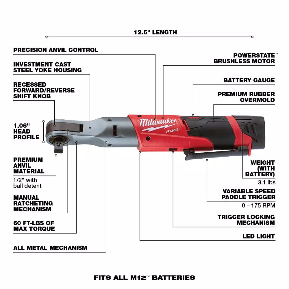 Milwaukee M12 FUEL 1/2 in. Cordless Ratchet Kit w/ (2) 2.0 Ah Batteries & Charger