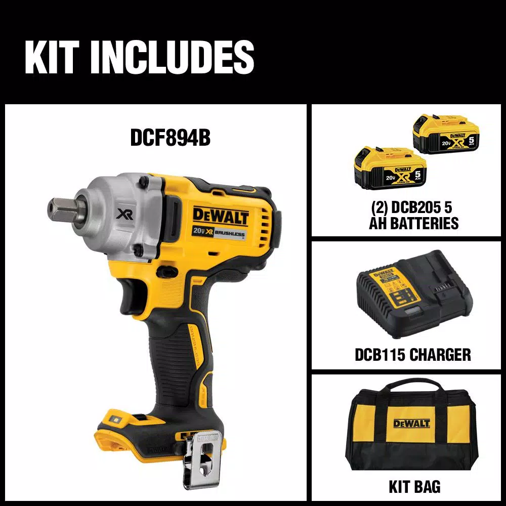 DEWALT 20V MAX XR 1/2 in. Brushless Mid-Range Impact Wrench Kit with (2) 5.0Ah Batteries