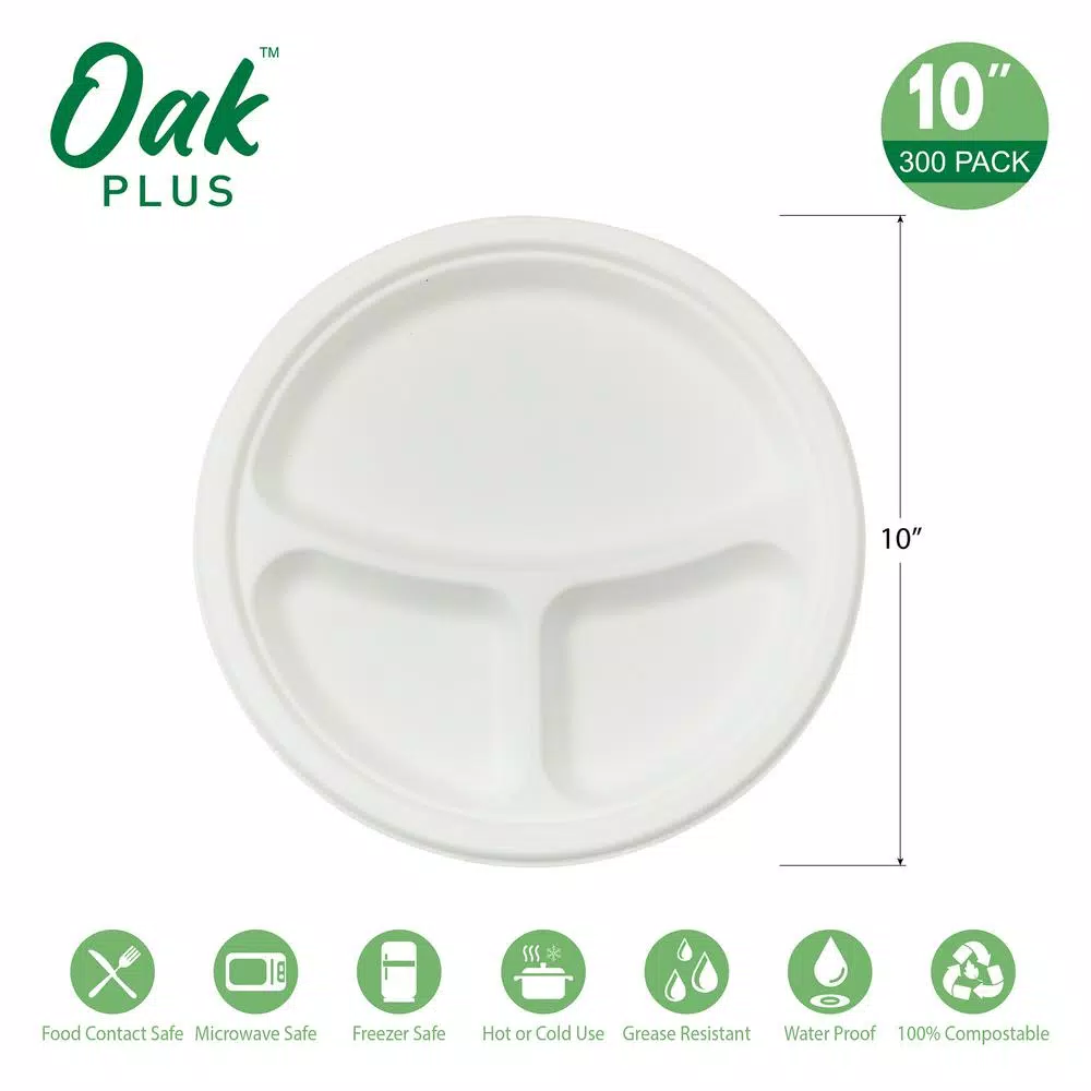 Unbranded 10 in. White Sugarcane Sectional Plates, 3-Compartment, 300 Pack