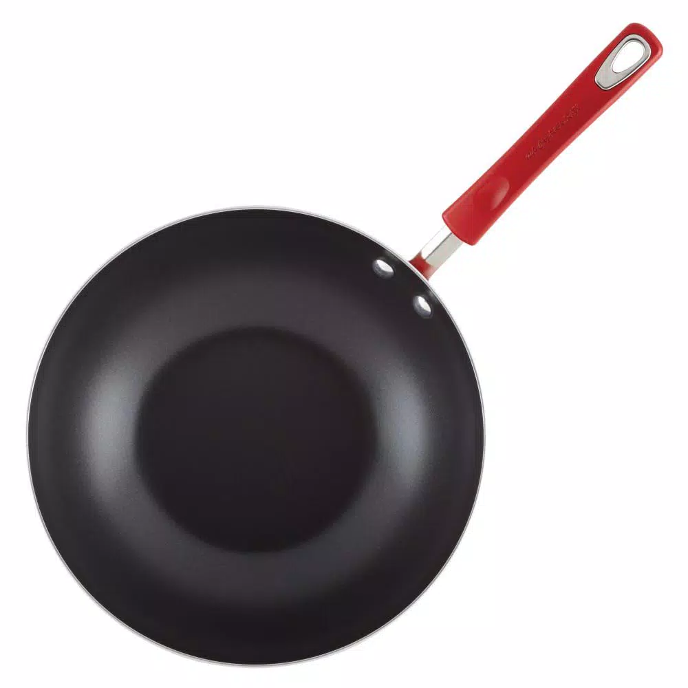 Rachael Ray Classic Brights 11 in. Aluminum Nonstick Stir Fry Pan with Glass Lid, Red Gradient