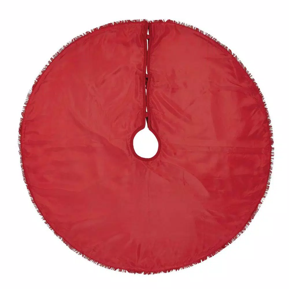 VHC Brands 48 in. Red Festive Burlap Farmhouse Christmas Tree Skirt with Taffeta Reverse